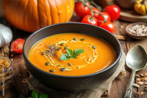 Front view of a pumpkin soup surrounded by ingredients on a rustic wooden table 