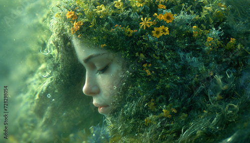 Nature's Beauty: Girl's Face Adorned with Leaves, Moss, and Yellow Flowers, Radiating Natural Elegance in Light Green Tones