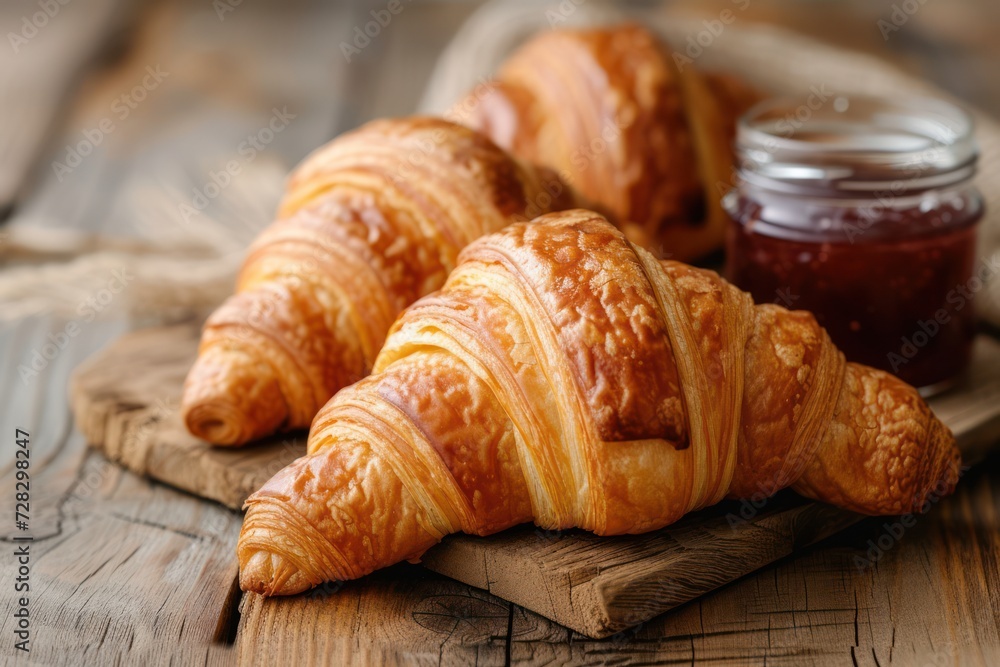 Front view of three croissants beside with a tiny jam jar on a rustic wooden table. 
