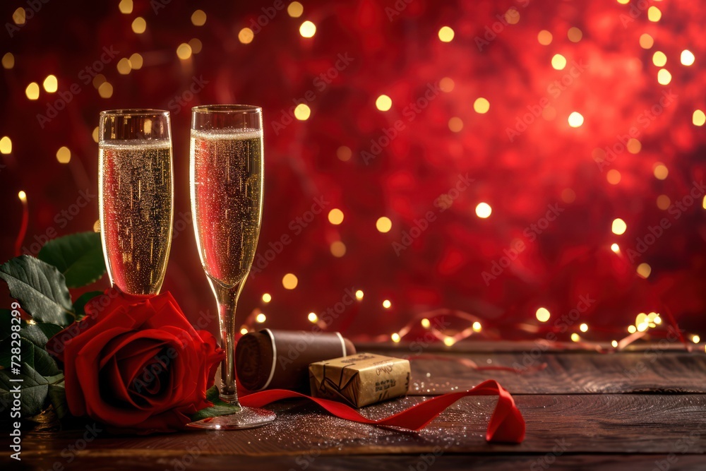 Front view of two champagne flutes with a red rose, a greeting card with copy space Front view of two champagne flutes with a red rose, a greeting card with copy space