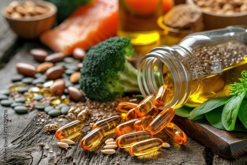 Front view of many fish oil capsules spilling out from the bottle surrounded by an assortment of food rich in omega-3 