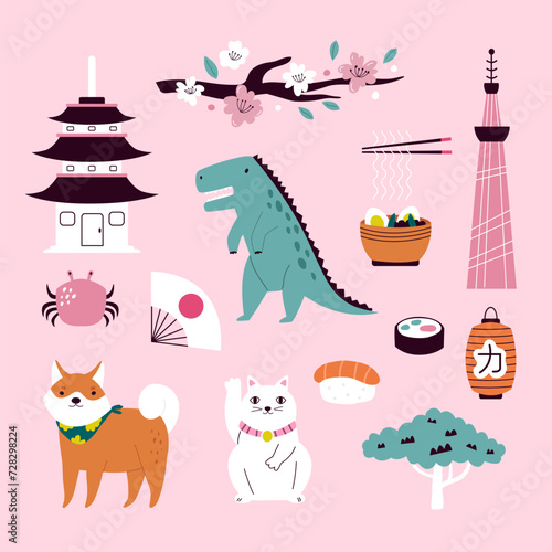 Canvas Print Colorful image, frame art, design with buildings, landmarks, symbols of Tokyo, J