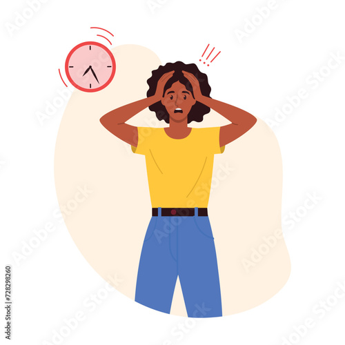 Vector illustration of a girl with a time management problem. Cartoon scene of a beautiful girl standing and grabbing her head, she is running out of time isolated on a white background.