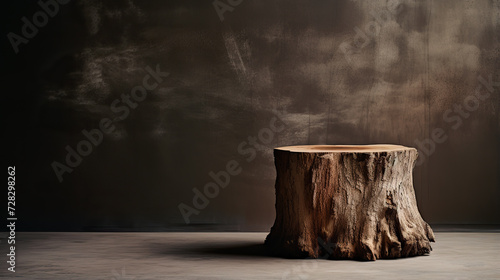 Wooden stump in dark room with smoke. 3D rendering.