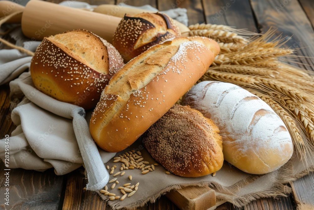 Front view of various types of bread on a rustic wooden table. The composition includes a bread knife, a rolling pin and some ear of wheat. 