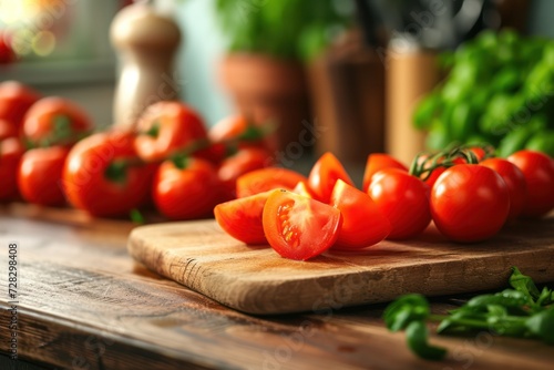 Front view of various sliced cherry tomatoes on a wooden cutting board with a defocused kitchen background.