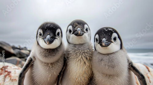 Three playful penguins with curious expressions as they gaze into the camera's lens