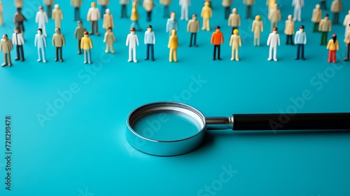 Magnifying glass searching for candidates on blue background for employment in the labor market photo