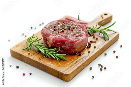 High angle view close-up of a meat chop with pepper and rosemary on a wooden cutting board isolated on white background.