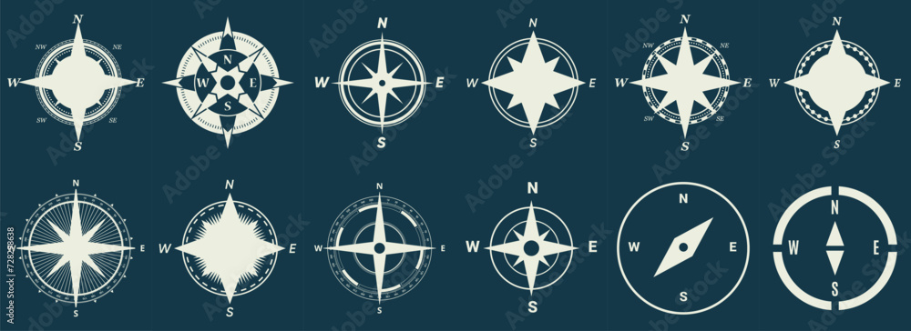 Vintage marine wind rose, nautical chart. Monochrome navigational compass with cardinal directions of North, East, South, West. Geographical position, cartography and navigation. Vector illustration. - obrazy, fototapety, plakaty 