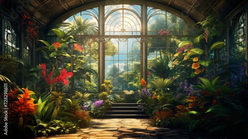 An image featuring a greenhouse filled with exotic tropical foliage, creating a vibrant and immersive environment. 