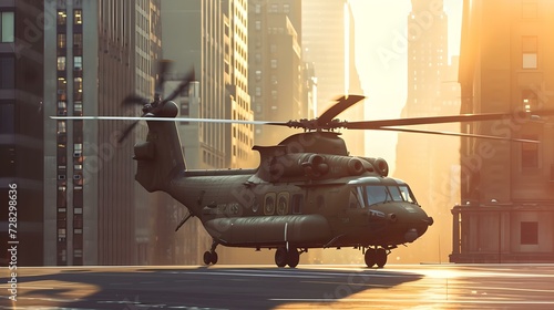 Tela Military helicopter landing in urban environment at sunset