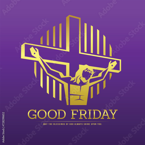 Good friday - Abstract shape gold jesus christ crucified and line stripe circle sign on purple background vector design