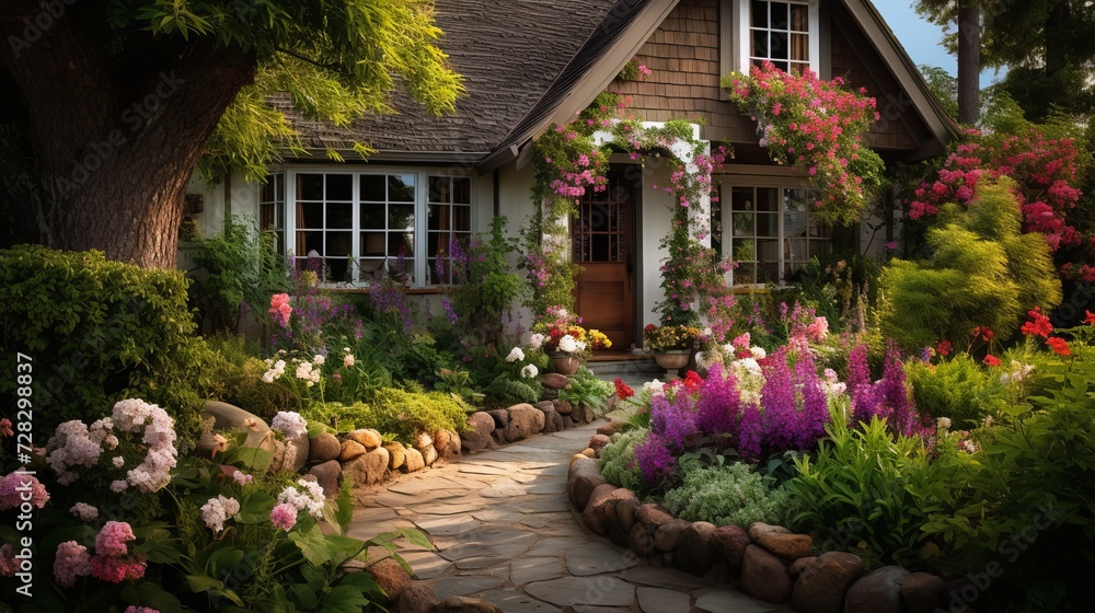 Scenes of a front yard garden with a cottage garden theme, featuring a variety of blooming flowers, climbing vines, and rustic charm. 