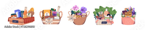 Gift baskets set. Food, sweets and cosmetics kits in wood box, wicker, hamper. Holiday presents with snacks, wine, beauty products, confectionery. Flat vector illustration isolated on white background