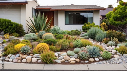 Scenes of a front yard garden with a xeriscape design, featuring drought-tolerant plants, gravel pathways, and a water-efficient landscape. photo