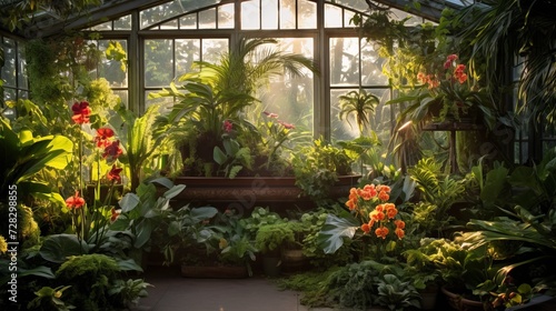 Scenes of a greenhouse dedicated to bromeliads and ferns, showcasing the beauty of these unique and lush plants  photo