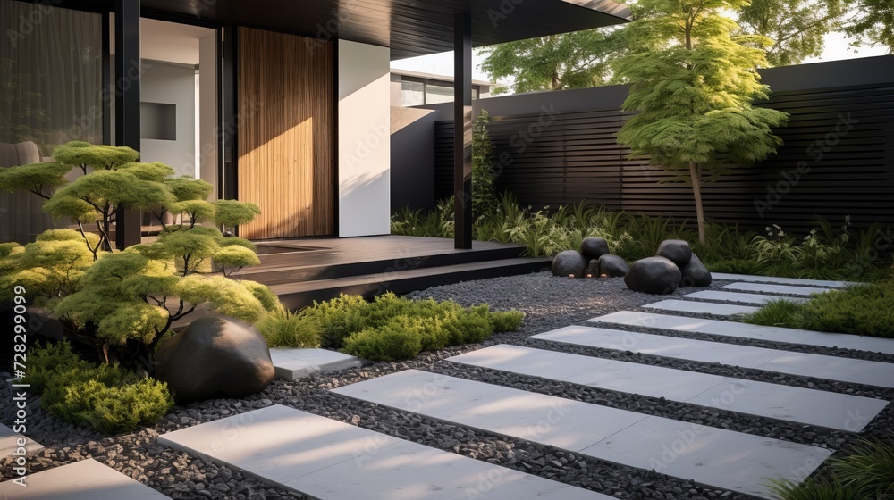 Scenes of a modern front yard garden designed as a Zen retreat, with minimalist landscaping, calming features, and a tranquil ambiance.
