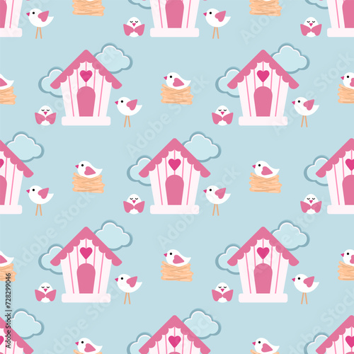 Seamless cute cartoon pattern with birds, birdhouses and clouds on a blue background.