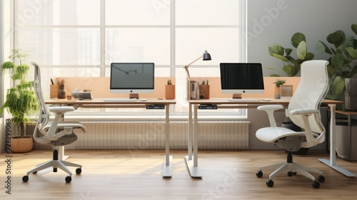 Scenes of a home office with a focus on ergonomic design, featuring adjustable desks, ergonomic chairs, and a workspace optimized for productivity. 