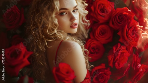 Elegant woman surrounded by vibrant red roses in a romantic setting. perfect for valentine's day themes. beauty and nature combined. AI © Irina Ukrainets
