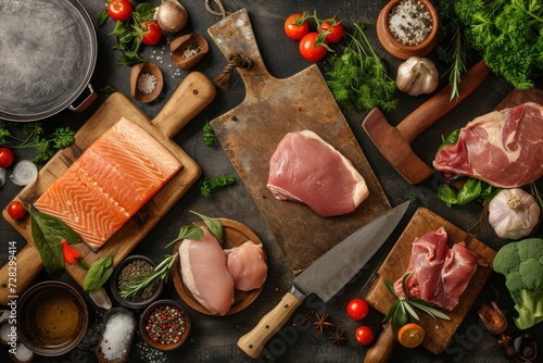 Top view of a background made of various types of raw animal meats 