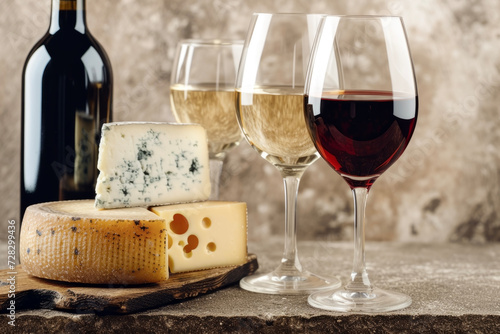 Italian Wine and Cheese Pairing. The Harmony of Wine Glasses and Cheese Symbolizing Traditional Culinary Culture in Italy.