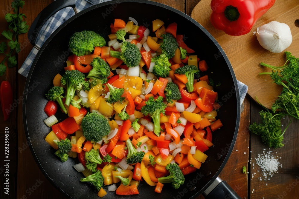 Top view of a cooking pan full of multicolored chopped vegetables ready to be stir fried.