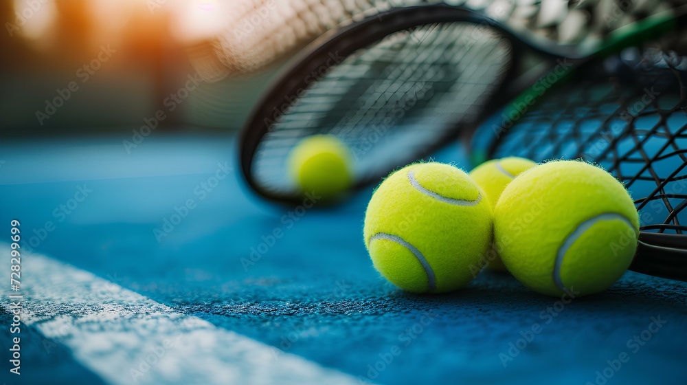 Tennis balls and racket on a wooden bench - obrazy, fototapety, plakaty 