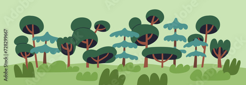 Forest landscape. Trees and shrubs, spring nature panorama. Summer scenery with wood plants, bushes, grass. Abstract green environment, wild woodland, countryside. Flat vector illustration
