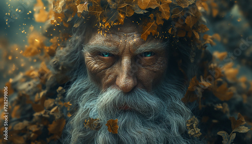 Autumn's Gaze: Elderly Man's Face with Piercing Stare, Grey Beard, Bright Sparkling Blue Eyes, Intertwined with Autumn Leaves, Drenched in Warm Oranges, Grays, and Browns