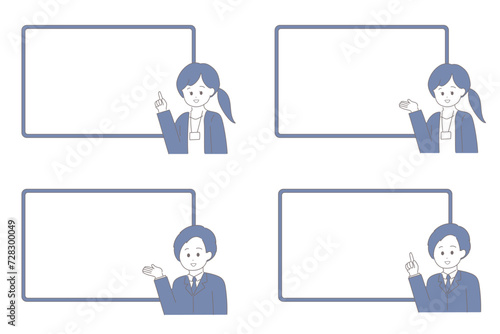 ホワイトボードで説明をする男女のイラスト　指さし・案内ポーズセット