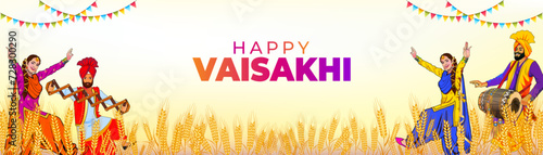 Happy Vaisakhi text with Indian Punjabi Sikh traditional harvest festival background. Punjabi bhangra dance in wheat field. Baisakhi festival website banner poster design. photo
