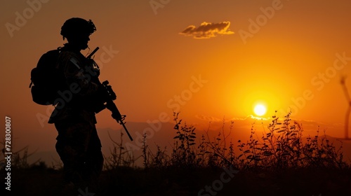 American soldier silhouette during sunset