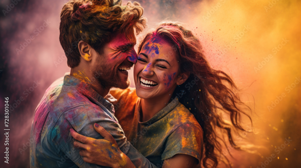 Joyful couple sharing a moment at Holi celebration Joyful couple sharing a moment at Holi celebration
