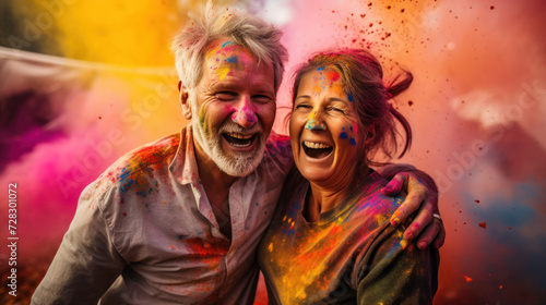 Happy senior couple embraced in Holi color explosion