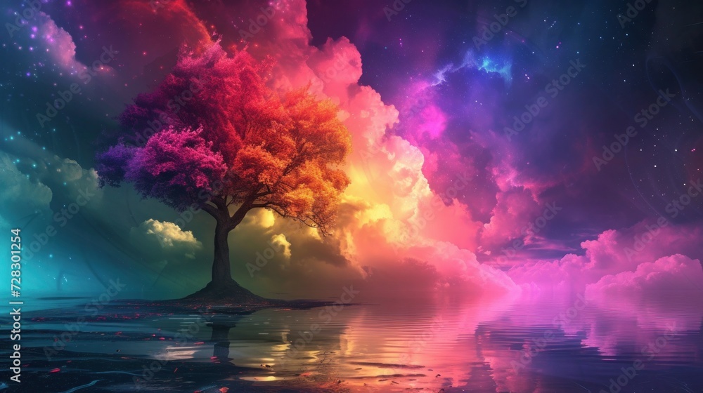 Beautiful colorful landscape with a tree, wallpaper