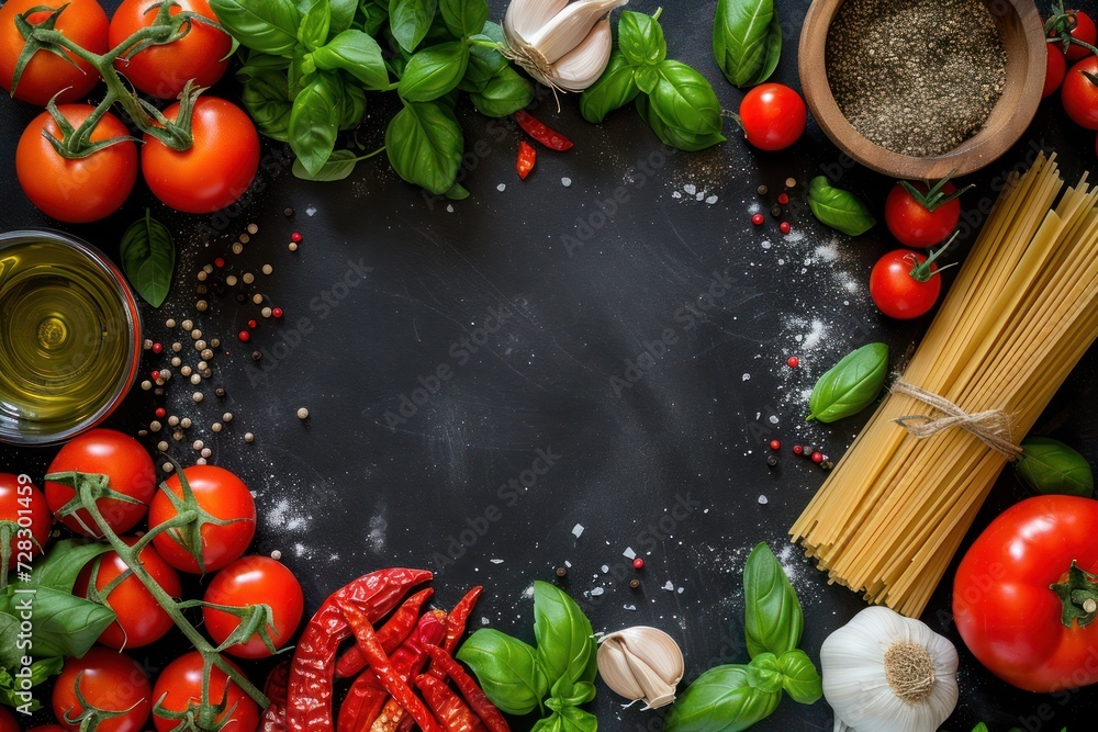 Top view of various Italian ingredients such as pasta, basil, tomatoes, garlic and pepper. Top view of various Italian ingredients such as pasta, basil, tomatoes, garlic and pepper.