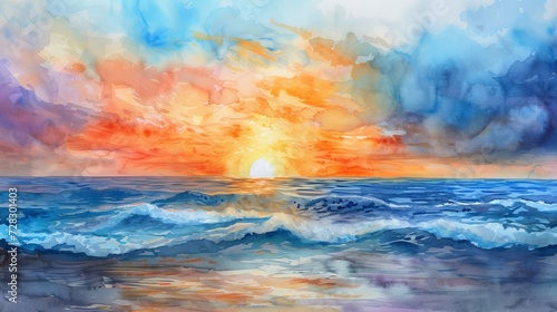 Breathtaking sunset above the ocean captured in a watercolor painting on canvas, showcasing a serene sea landscape © Elvin
