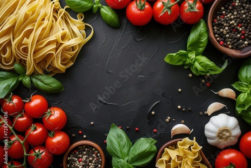 Top view of various Italian ingredients such as pasta, basil, tomatoes, garlic and pepper. 