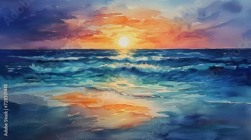 Breathtaking sunset above the ocean captured in a watercolor painting on canvas  showcasing a serene sea landscape