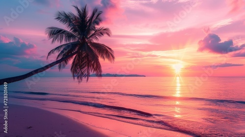 Captivating sunset at a tropical beach with palm trees and a pink sky, perfect for travel and vacation during holiday relaxation. © Elvin