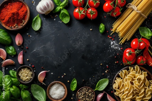 Top view of various Italian ingredients such as pasta, basil, tomatoes, garlic and pepper disposed at the center on a black background. 
