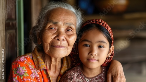 Grandmother hugs her granddaughter with love and care. Indonesian Muslim family, diversity of nationalities