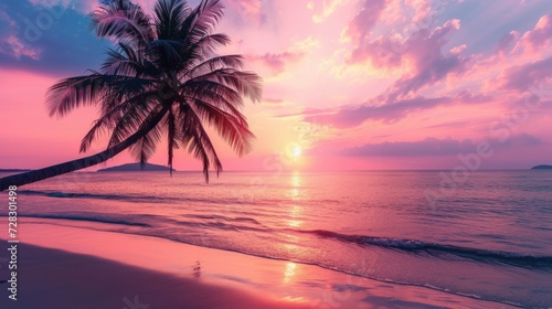 Captivating sunset at a tropical beach with palm trees and a pink sky, perfect for travel and vacation during holiday relaxation.