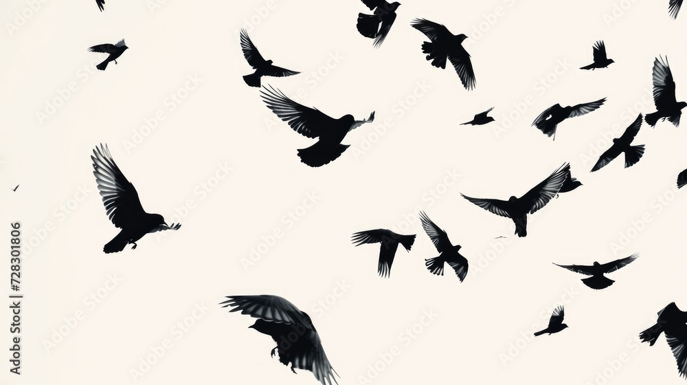 Silhouettes of birds flying in the sky, set against a white background.