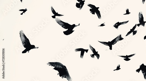 Silhouettes of birds flying in the sky, set against a white background. © Elvin