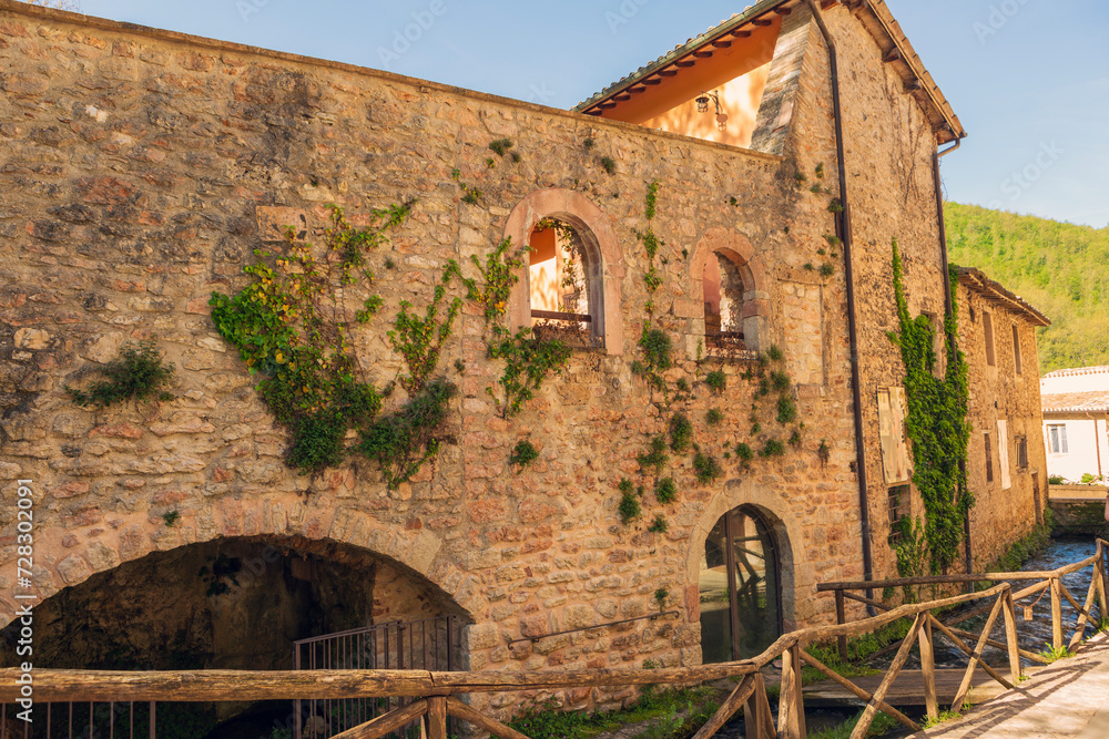 Fototapeta premium Rasiglia in the province of Perugia, municipality of Foligno. The town crossed by the Menotre river.