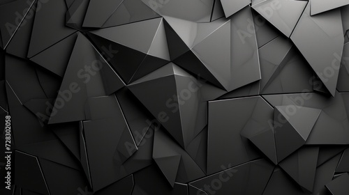 Monochromatic abstract background in black, white, and dark gray. Geometric pattern with shapes like lines, triangles, and polygons. Gradient elements, shadows, matte finish, and a 3D effect
