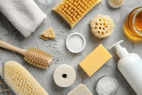 Top view of various skin a body care products such as a bath sponge, a brush, handmade soaps, honey, a pumice stone, salt, a towel, and a white bottle.  photo